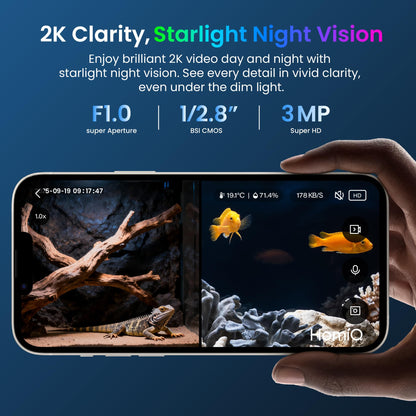 HOMIQ LIFE 3MP 2K Aquarium & Terrarium Pet Camera.Install &Close-Focus Lens for Fish,Lizard, Reptile Pet and Window Bird Feeder,2.4GHz & 5GHz WiFi,Auto-Focus,24/7 Recording