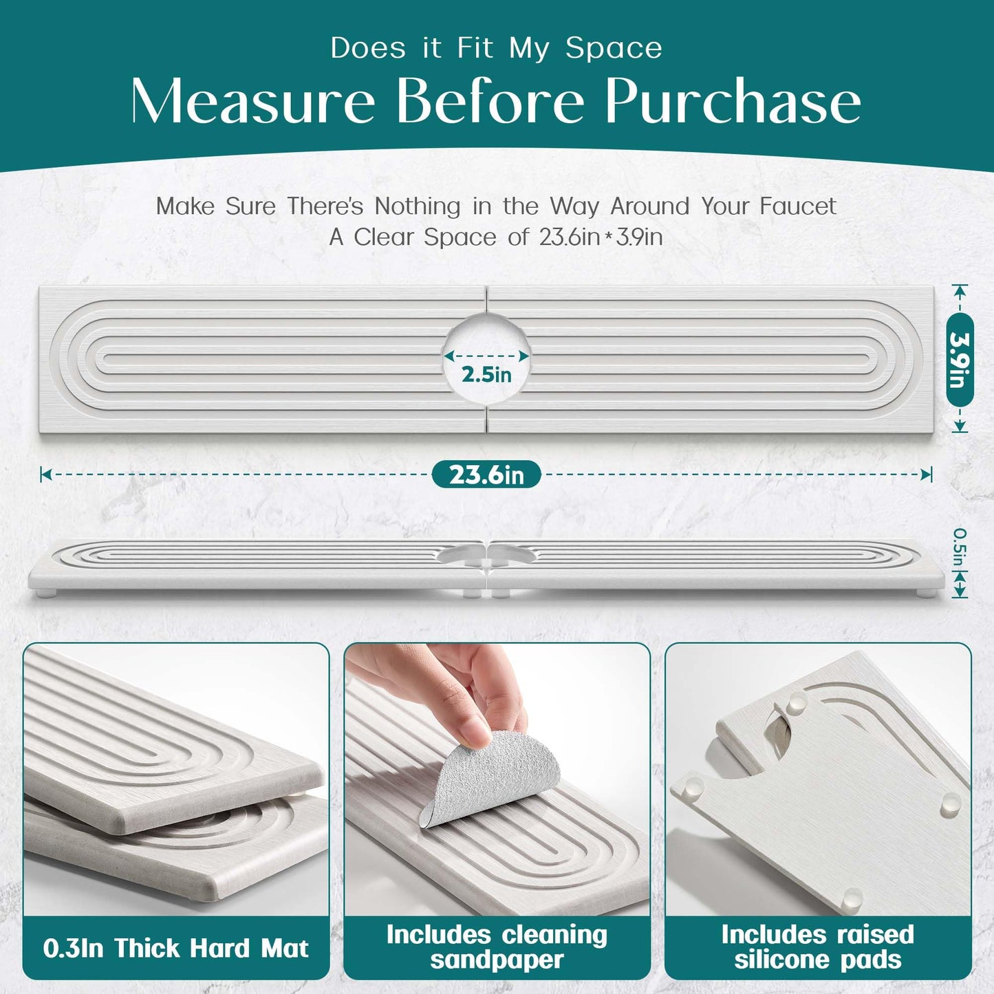 Eormoe Faucet Mat for Kitchen Sink – Diatomite Stone Drying Mat & Sink Protector, Prevent Moisture – Sink Splash Guard Water-Absorbing Stone Tray for Bathroom Counter (Light Grey,23.6" x 3.9")