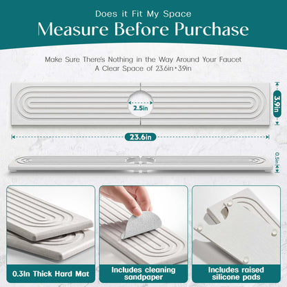Eormoe Faucet Mat for Kitchen Sink – Diatomite Stone Drying Mat & Sink Protector, Prevent Moisture – Sink Splash Guard Water-Absorbing Stone Tray for Bathroom Counter (Light Grey,23.6" x 3.9")