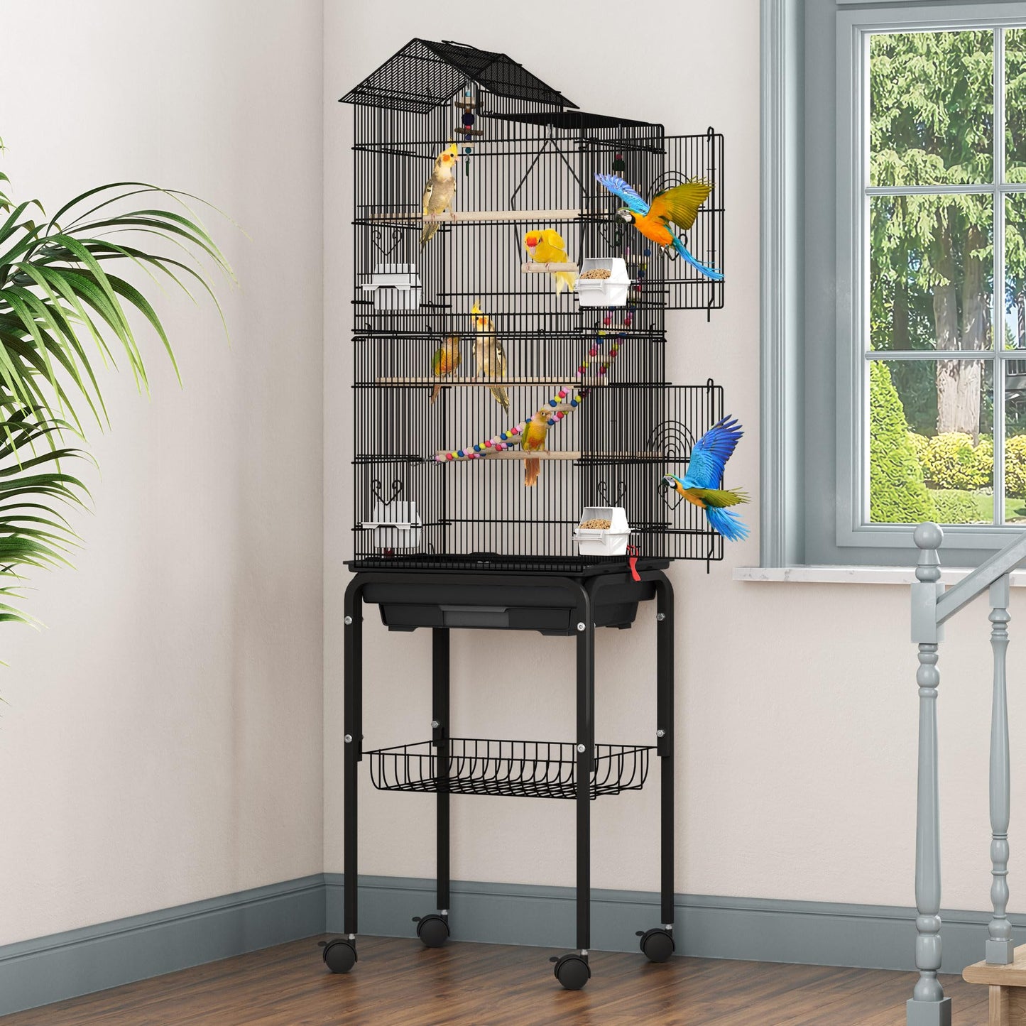 DWVO 62-inch Metal Bird Cage: Bird Cage Spacious for Cockatiels, Parrots, Pigeons, Lovebirds, Features Roof Access and Rolling Stand Black