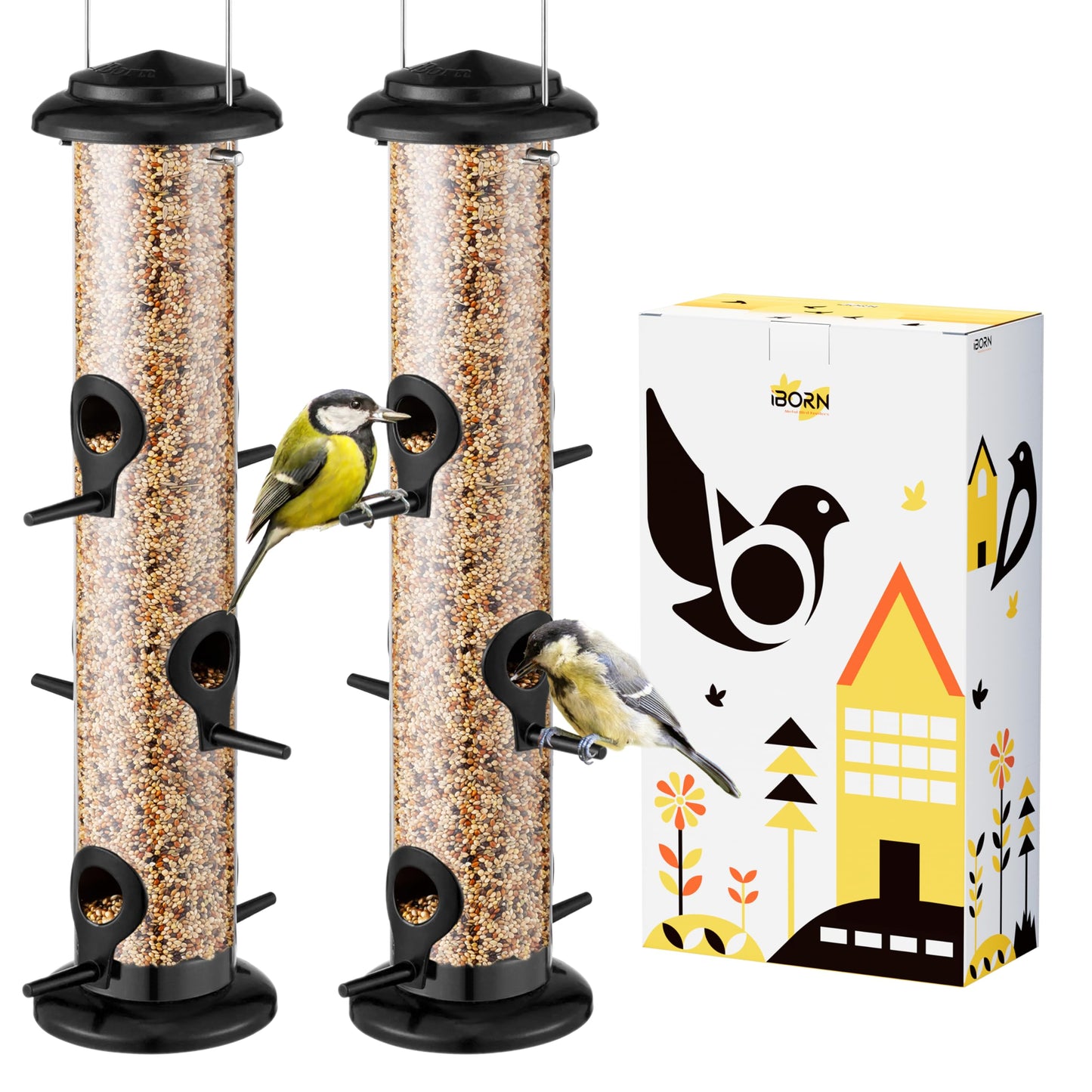 iBorn Metal Bird Feeder Hanging Wild Bird Seed Feeder for Mix Seed Blends Heavy Duty All Metal Black Finish,15 Inch 6 Port,Pack of 2
