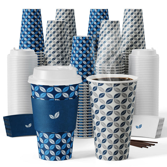 JOLLY CHEF 16 oz Coffee Cups with Lids 100 Pack, Disposable Hot Paper Coffee Cups with Lids, Sleeves and Stirrers for Christmas, Thanksgiving, Party