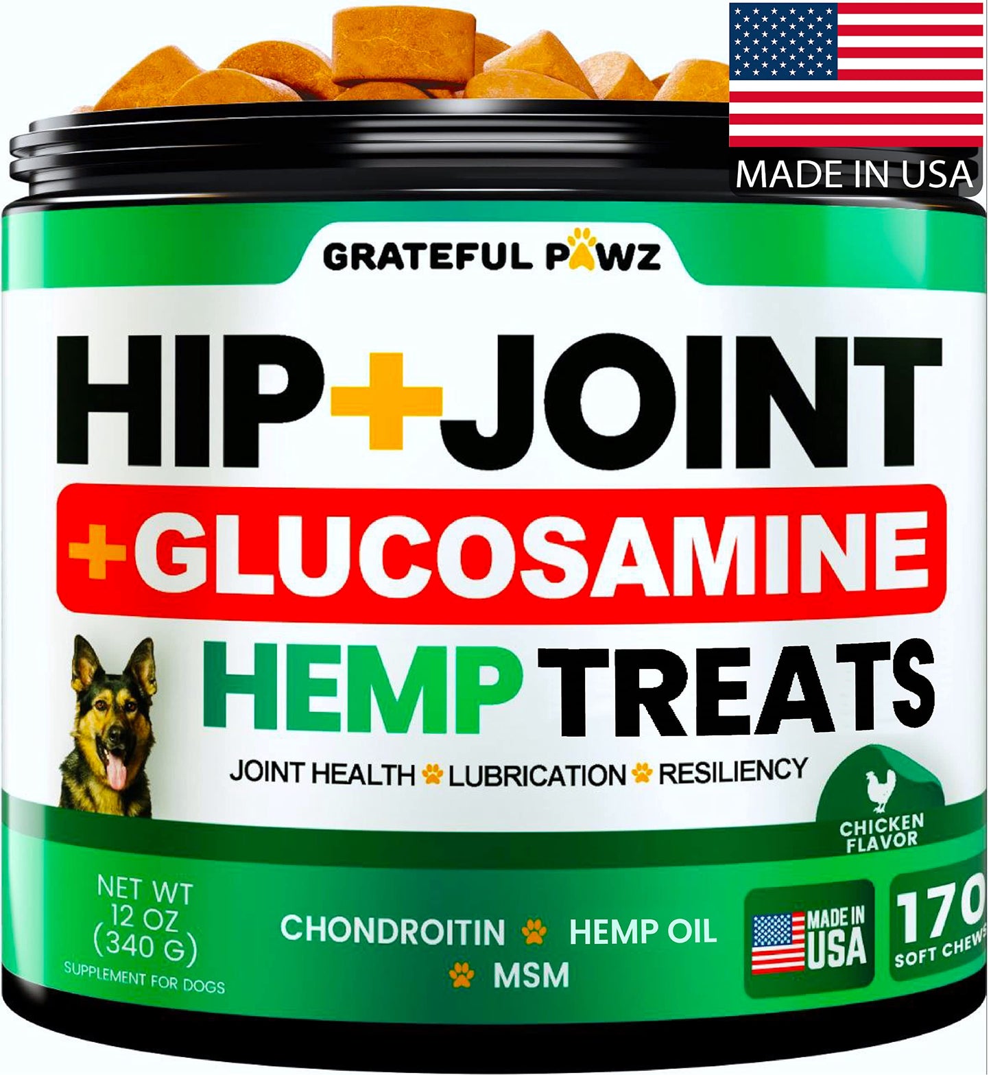 Hemp Hip and Joint Supplement for Dogs - Glucosamine for Dogs - 170 Joint Pain Relief Treats - Chondroitin, MSM, Hemp Oil - Advanced Health Supplement - Mobility Support Chews - Made in USA