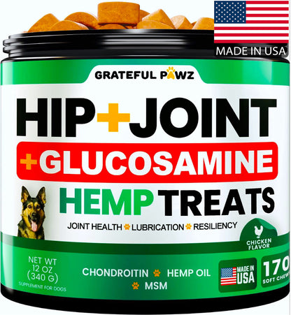 Hemp Hip and Joint Supplement for Dogs - Glucosamine for Dogs - 170 Joint Pain Relief Treats - Chondroitin, MSM, Hemp Oil - Advanced Health Supplement - Mobility Support Chews - Made in USA