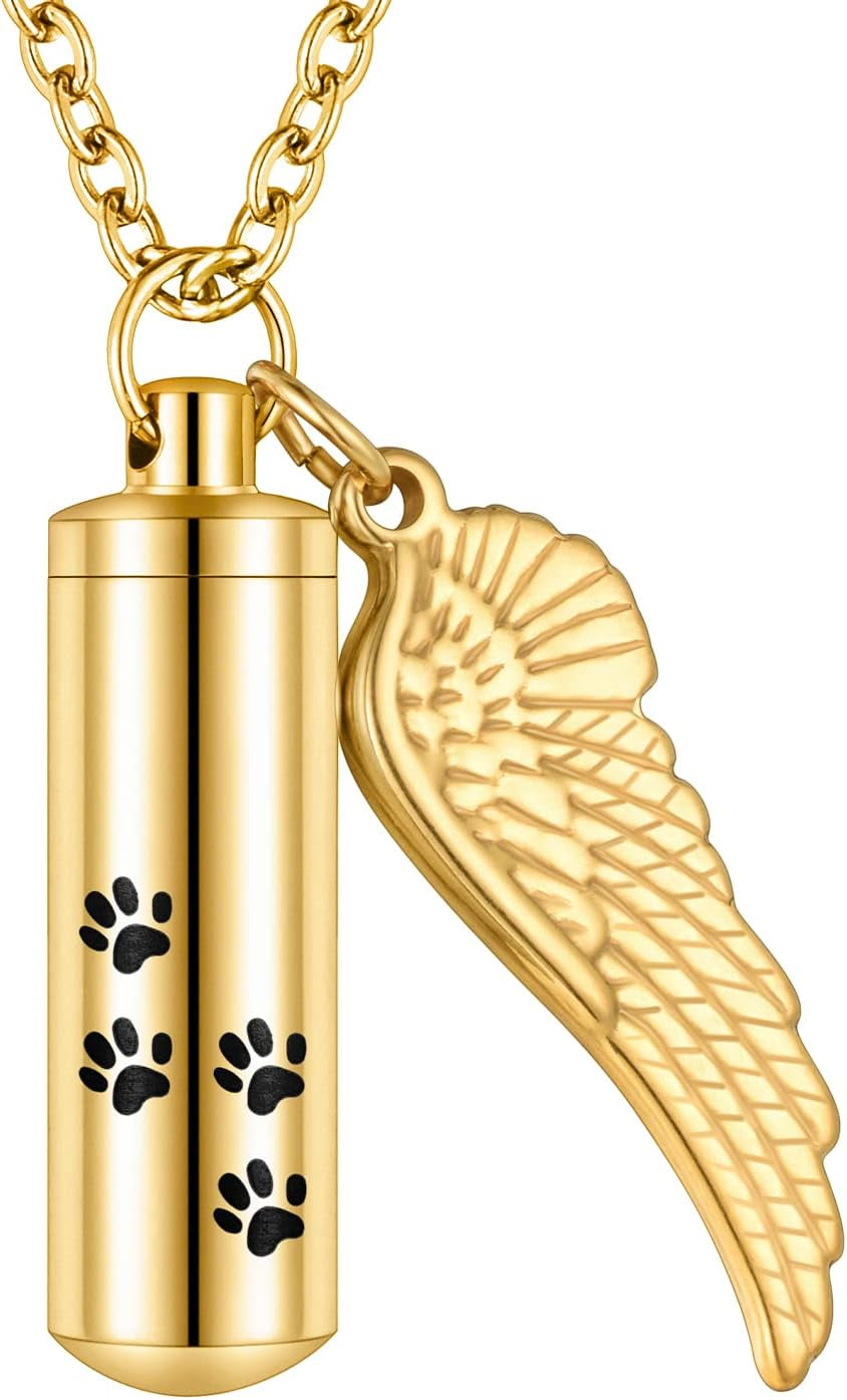 Abooxiu Cylinder Cremation Necklace for Pet Ashes Urn Necklace for Ashes with Angel Wing Pet Paw Ashes Necklace for Dog/Cat Pet Memorial Keepsake Jewelry