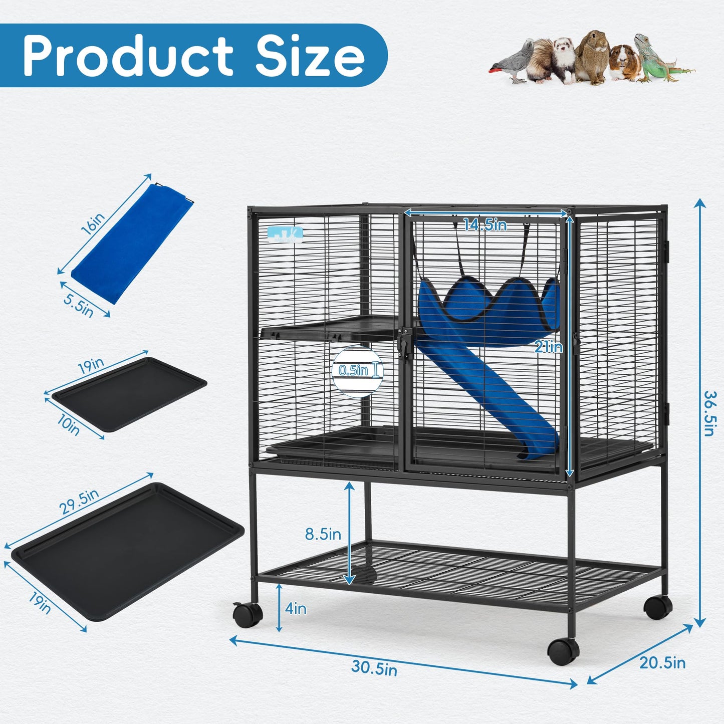 HABUTWAY 36.5''H Large Metal Rolling Ferrets Cage, 2-Tiers Small Animal Cages, Cage for Rats/Chinchillas, 0.5'' Bar Spacing for Ferret,Small Animal Cage w/Removable Ramp & Platform