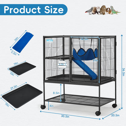 HABUTWAY 36.5''H Large Metal Rolling Ferrets Cage, 2-Tiers Small Animal Cages, Cage for Rats/Chinchillas, 0.5'' Bar Spacing for Ferret,Small Animal Cage w/Removable Ramp & Platform
