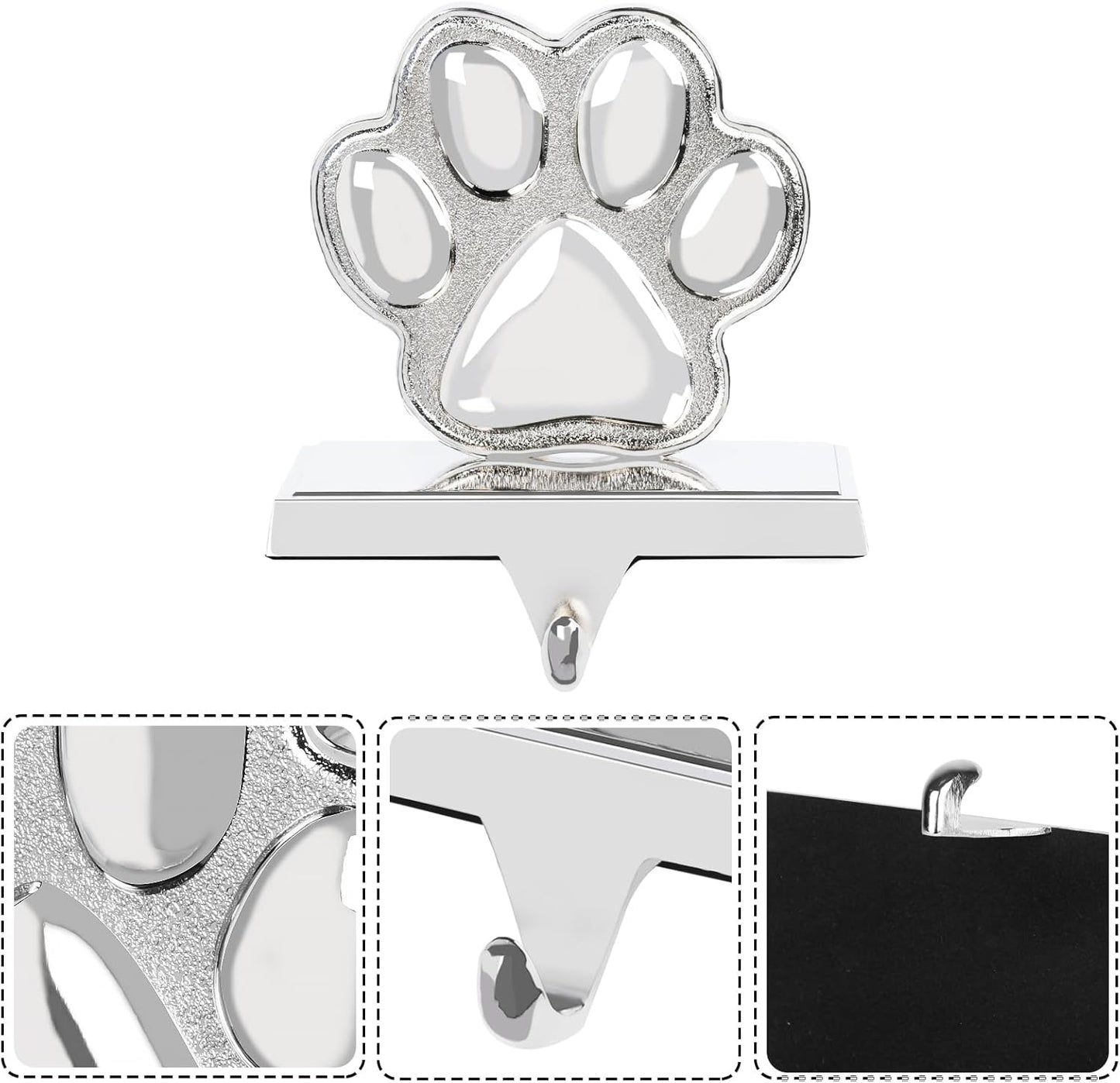 Dog Paw Christmas Stocking Holder, 3D Silver Metal Mantel Pet Paw Stocking Hanger for Christmas Fireplace Mantel Decorations Christmas Holiday Supplies