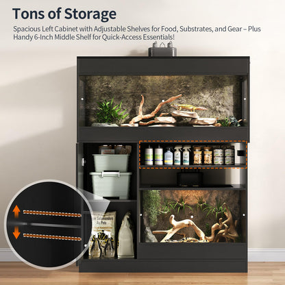 Terroute Dual Reptile Enclosure with Stand for Multiple Pets,120 Gallon Reptile Tank & 60 Gallon Reptile Terrarium with Cabinet,Sliding Doors,Power Outlet for Snakes,Lizards,Geckos Black CAGE004B