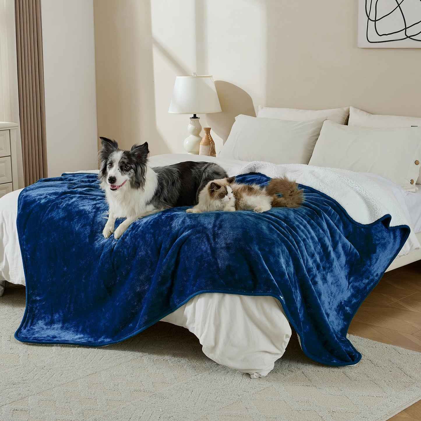 Yaning Waterproof Blanket for Bed Couch Sofa, Soft Liquid Pee Proof Pet Blanket for Dog Puppy Cat, Reversible Sherpa Fleece Furniture Protector (Navy Blue, 60x80 inches)