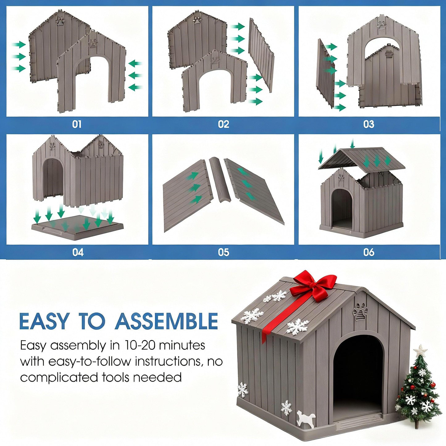 Fancyango Large Dog House Outdoor Indoor for Medium Large Dogs, Sturdy Plastic Waterproof Doghouse with Air Vents and Elevated Floor, Easy Clean and Assemble (Light Grey, 36.2''L×38''W×38''H)