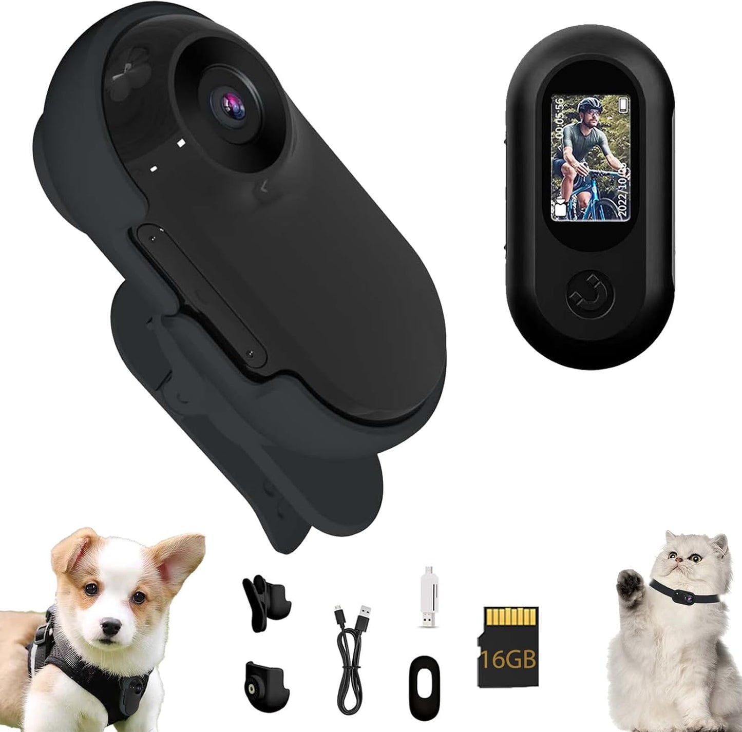 Updated Cat Camera Collar with 16GB SD Card, HD 1080P Dog Collar Camera Mini Body Camera Action Camera Collar Camera for Dogs Cats Gift Indoor/Outdoor（Not Include Collar ）-Black