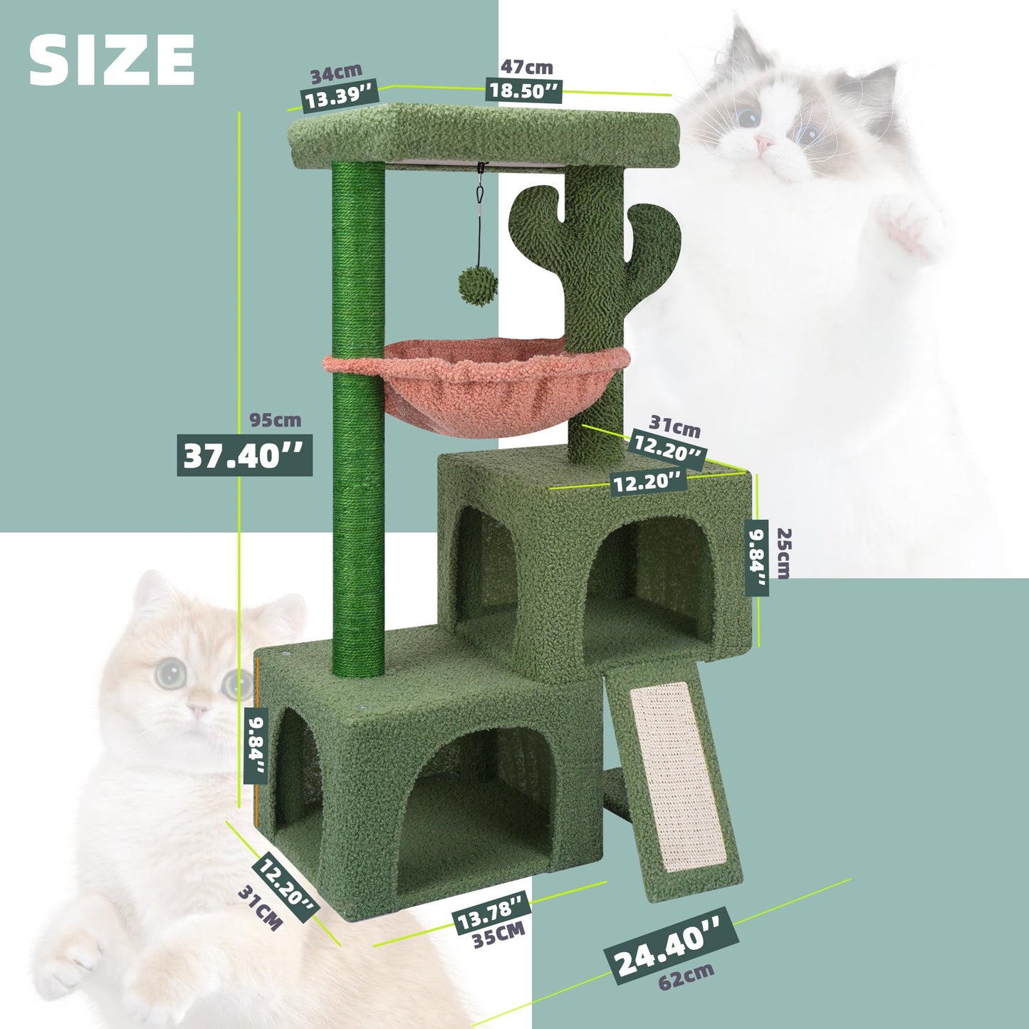 AIWIKIDE 37.4" Cactus Cat Tree Tower with Twin Cat Condos for Indoor Cats, All-in-One Activity Center with Cat Scratching Post Cozy Sleeping Perch Hammock and Toy Balls,Green …