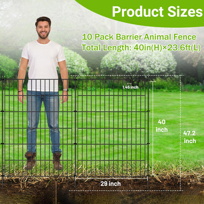 10 Panels No Dig Decorative Outdoor Garden Fence with Gate for Yard, 40 in(H) X 23.6 ft(L) Animal Barrier Fencing Rustproof Metal Wire Panel Border for Dog, Rabbits, and Patio Temporary Ground Stakes