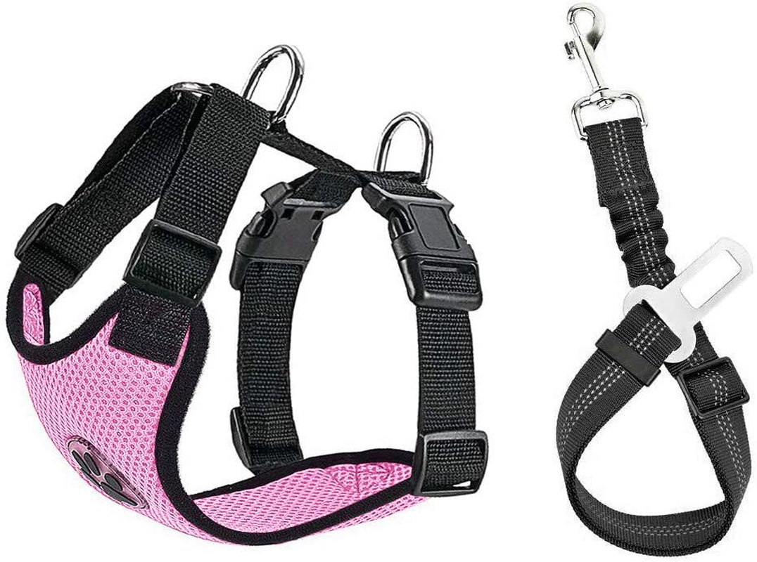 Slowton Dog Seat Belt Harness for Car, Dog Car Harness Adjustable Mesh Breathable & Dog Seatbelt Safety Tether with Elastic Bungee for Small Medium Large Pets(Pink, Single Clip, XS)