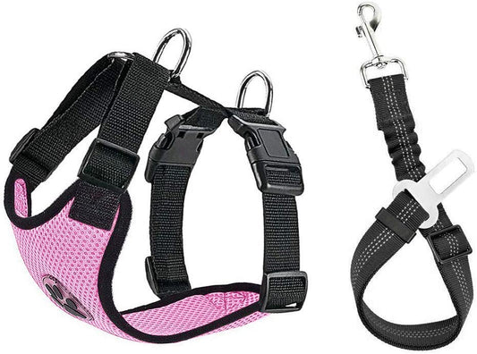 Slowton Dog Seat Belt Harness for Car, Dog Car Harness Adjustable Mesh Breathable & Dog Seatbelt Safety Tether with Elastic Bungee for Small Medium Large Pets(Pink, Single Clip, L)