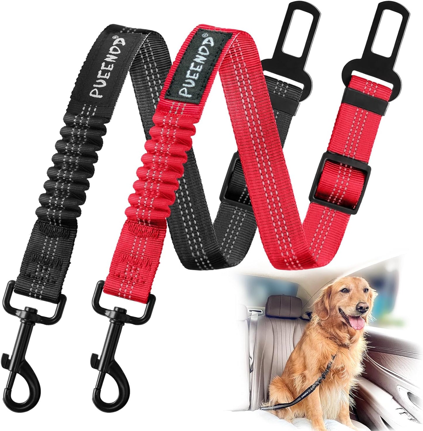 2 Pack Dog Seat Belt Adjustable Dog Car Seatbelts for Vehicle Nylon Pet Safety Seat Belt with Elastic Bungee Buffer Reflective & Durable Car Harness for Dogs (Black + Red)