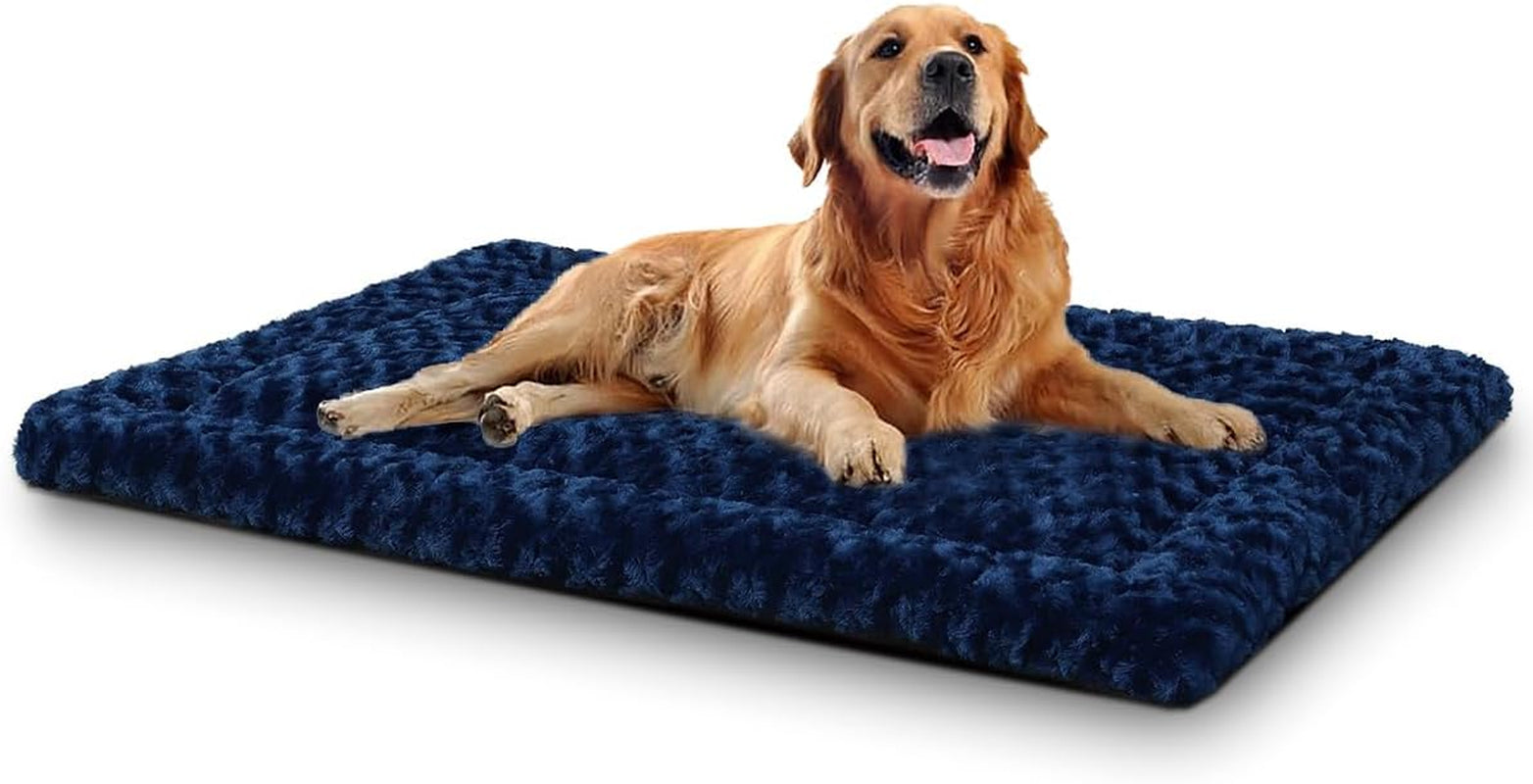 Washable Dog Bed Mat Reversible Dog Crate Pad Soft Fluffy Pet Kennel Beds Dog Sleeping Mattress for Large Jumbo Medium Small Dogs, 41 X 27 Inch, Blue