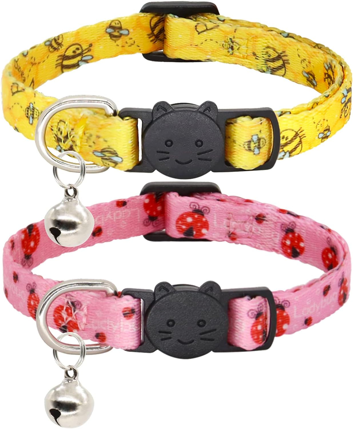 Cat Collar, 2 Pack Breakaway Collar with Bells, Safety Buckle Kitten Collars for Boy and Girl Cats, Bee+Ladybug