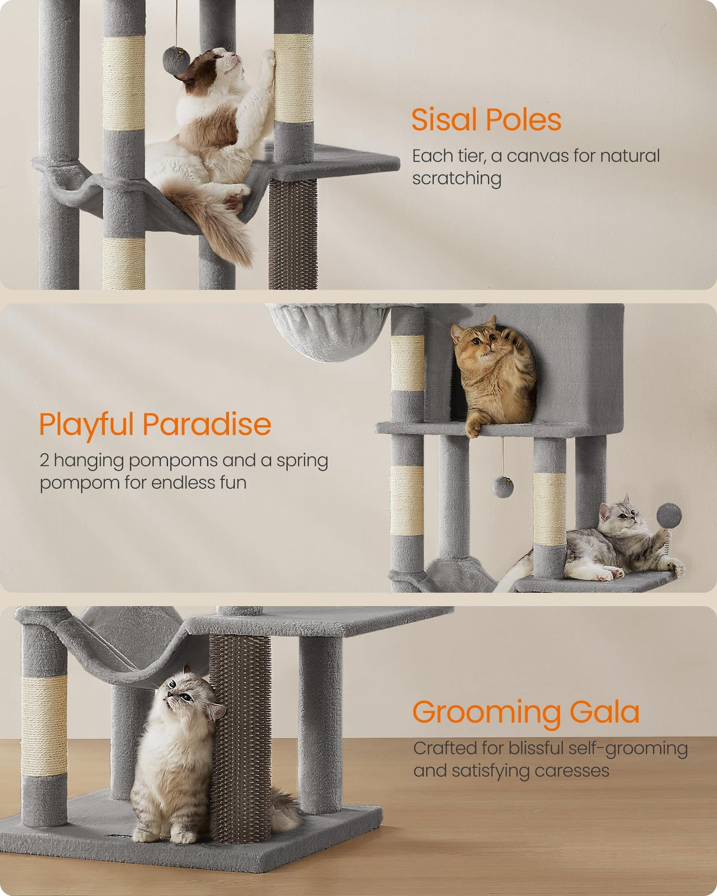 Feandrea Cat Tree, 69-Inch Tall Cat Tower, Multi-Level Plush Condo with 2 Caves, 2 Baskets, 5 Scratching Posts, Self-Groomer, Perch, Hammock, Dove Gray UPCT182G01