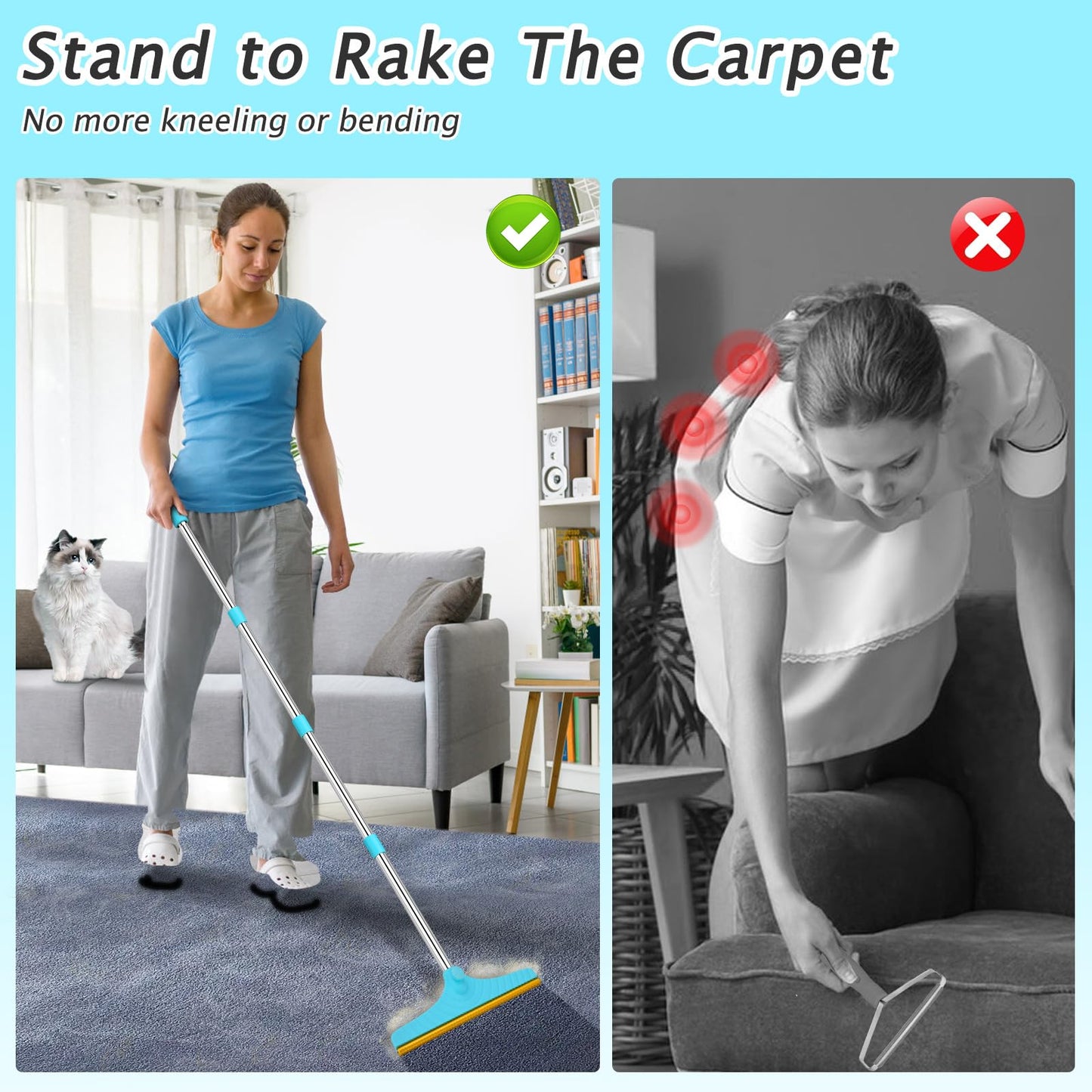 Carpet Rake for Pet Hair Removal - Reusable Pet Hair Remover, 60” Adjustable Long Handle Cat Dog Carpet Rake Scraper with Patented Design, Dog Hair Rake Brush for Rugs, Mats