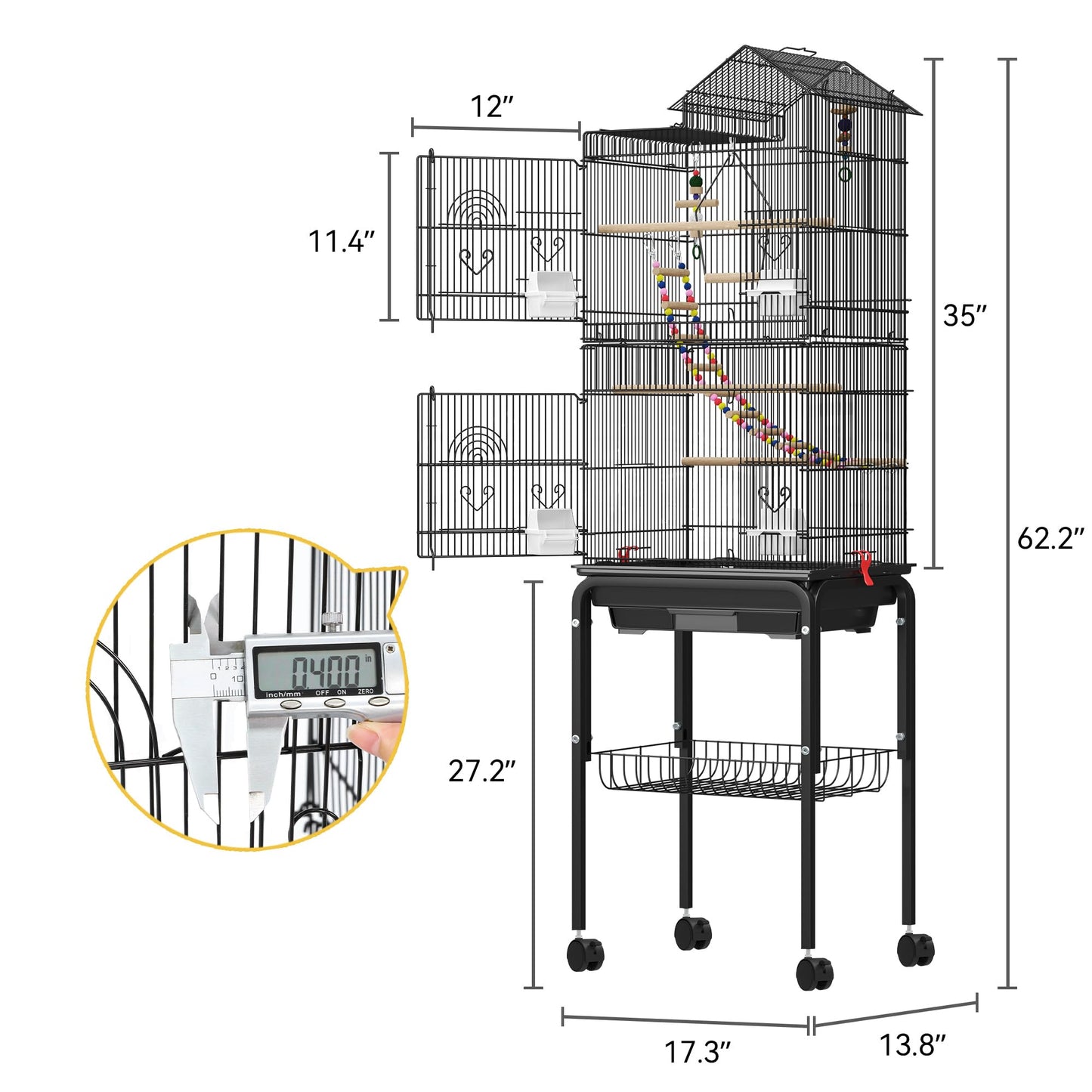 DWVO 62-inch Metal Bird Cage: Bird Cage Spacious for Cockatiels, Parrots, Pigeons, Lovebirds, Features Roof Access and Rolling Stand Black