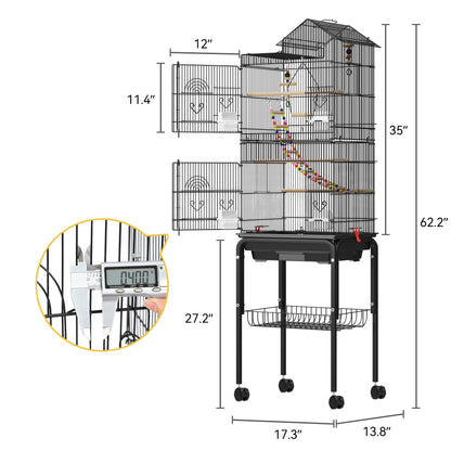 DWVO 62-inch Metal Bird Cage: Bird Cage Spacious for Cockatiels, Parrots, Pigeons, Lovebirds, Features Roof Access and Rolling Stand Black
