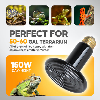 HealSmart 150W Reptile Heat Lamp Ceramic Heat Emitter, No Light Emitting Heat Bulbs, Suitable for Snake/Lizard/Spider, Plant Growth and Incubating Chicken, 2-Pack