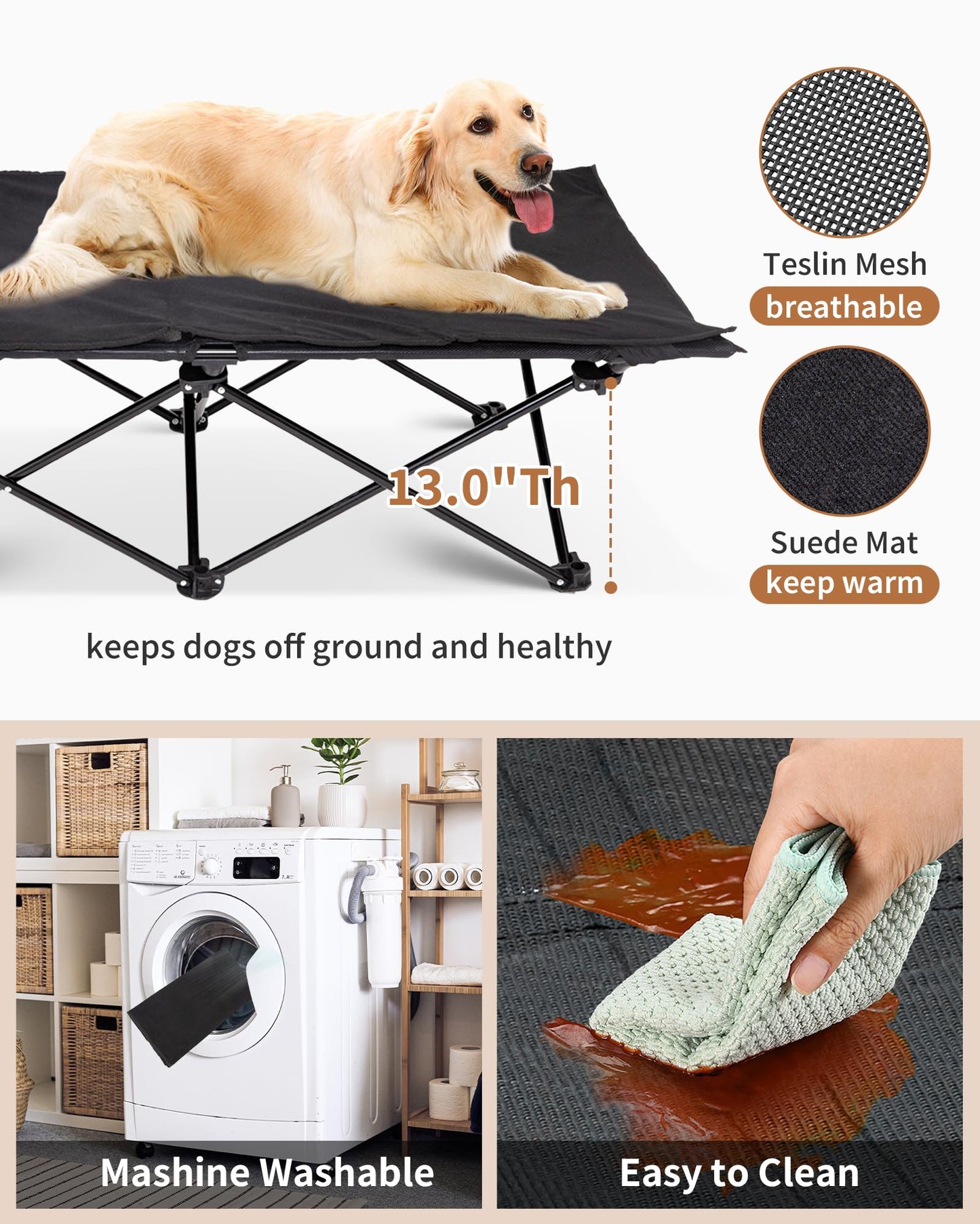 KingCamp Elevated Dog Bed for Large Dogs, Outdoor Raised Cooling Pet Cot Bed with Washable Breathable Mesh & No-Slip Feet Perfect for Camping, Backyard, Indoor Use (Large, Black)