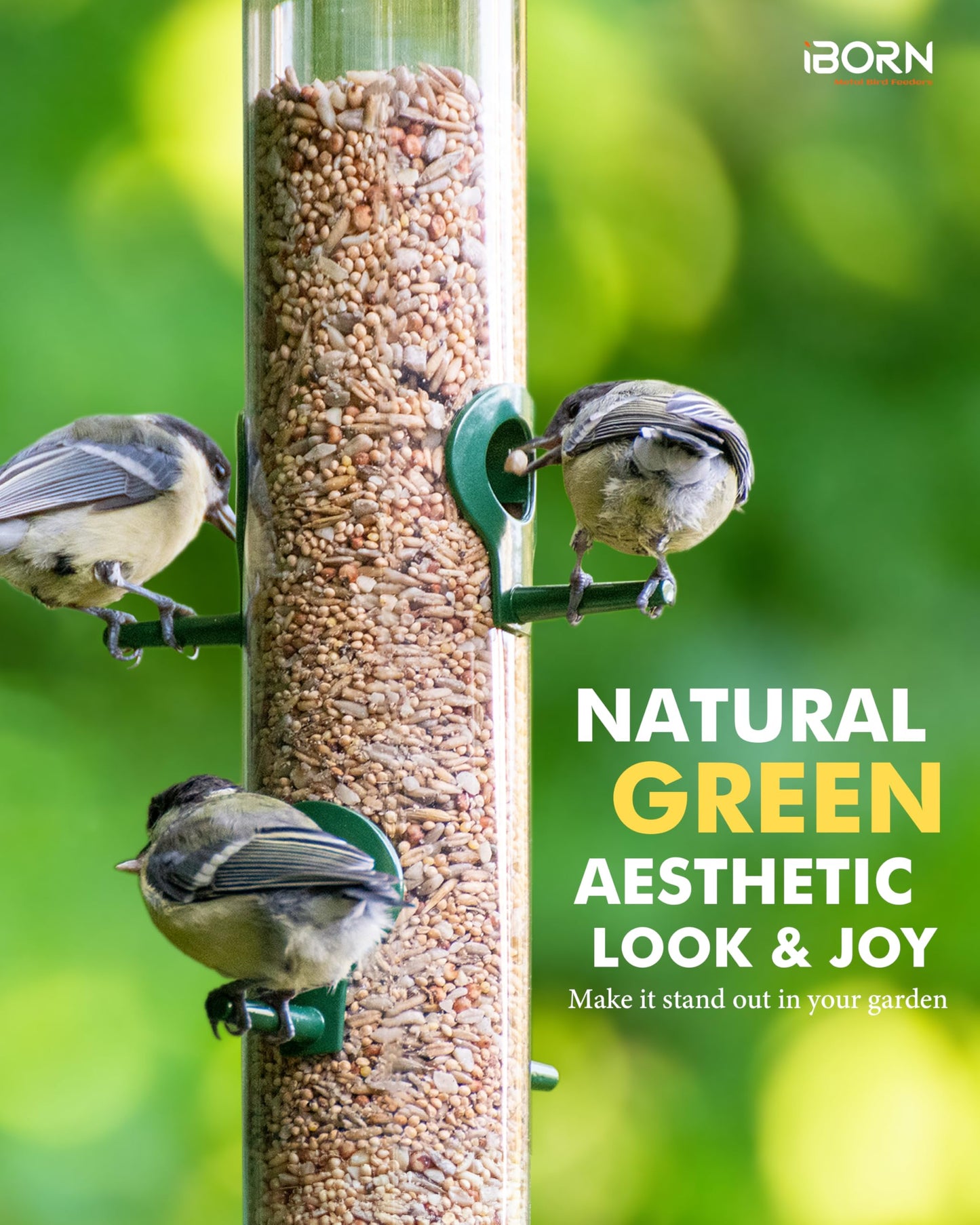 iBorn Metal Bird Feeders 6 Ports Hanging Wild Bird Seed Feeder for Mix Seed Blends, Seed Feeder, Sunflower Heart, Birdbath, Heavy Duty All Metal Green Finishing 15 Inch 6Port, Pack of 2,Gift Box