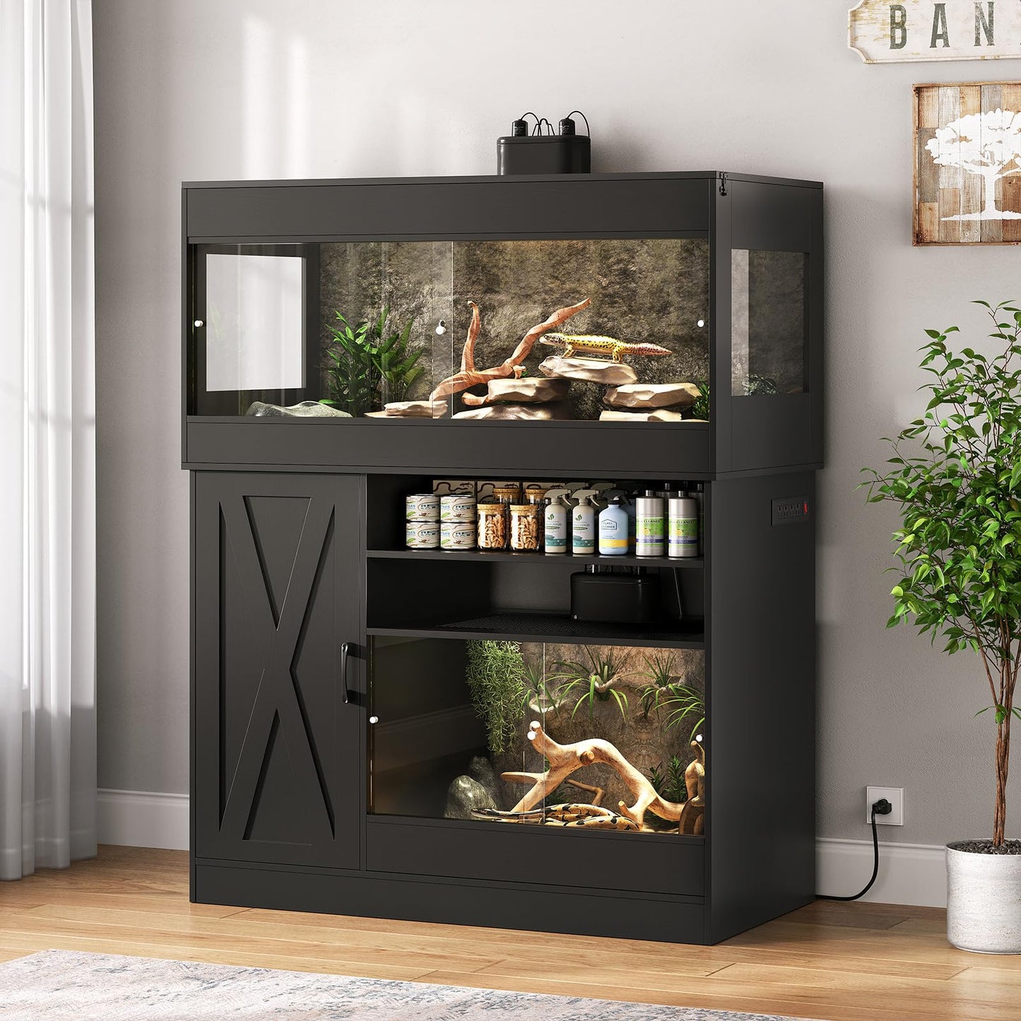 Terroute Dual Reptile Enclosure with Stand for Multiple Pets,120 Gallon Reptile Tank & 60 Gallon Reptile Terrarium with Cabinet,Sliding Doors,Power Outlet for Snakes,Lizards,Geckos Black CAGE004B