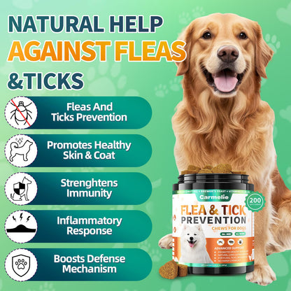 Carmelie Flea and Tick Prevention for Dogs Chewables - 200 Soft Chews Natural Dog Flea and Tick Chewables, Oral Flea Supplement for Dogs, Puppy Flea Support - All Breeds & Ages - Chicken Flavor