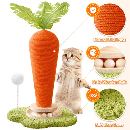 Cute Cat Scratching Post, Carrot Cat Scratcher Post with Durable Natural Wooden Turntable Toy and Catnip, 24'‘ H Carrot Shape Design Sisal Cat Tree Sisal Scratcher for Indoor Cats (Cloud Base)