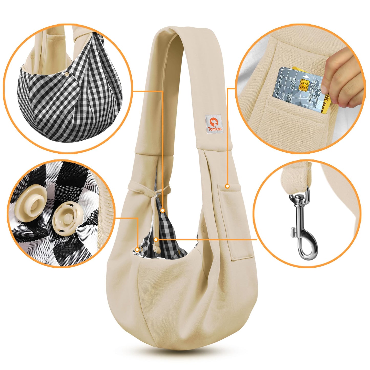 Tomkas Small Dog Sling Carrier - Classic Pocket & Classic Strap - for 3-10 lbs Pets(Cream)