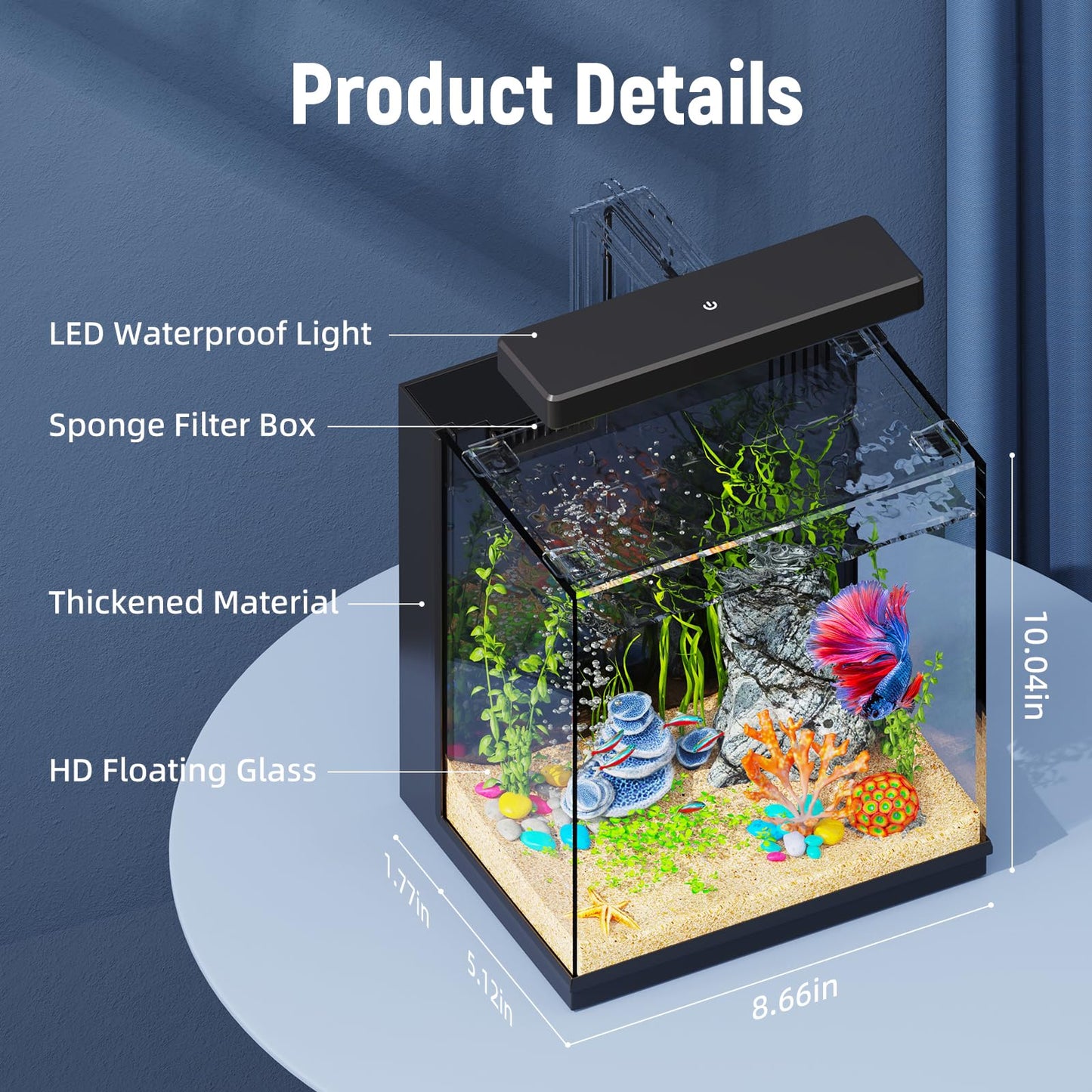 Betta Fish Tank, 2 Gallon All-in-One Aquarium Kit with Filtration & LED Light, Self-Cleaning Aquarium for Beginners, Kids, Gifts for Men，Teen Boys