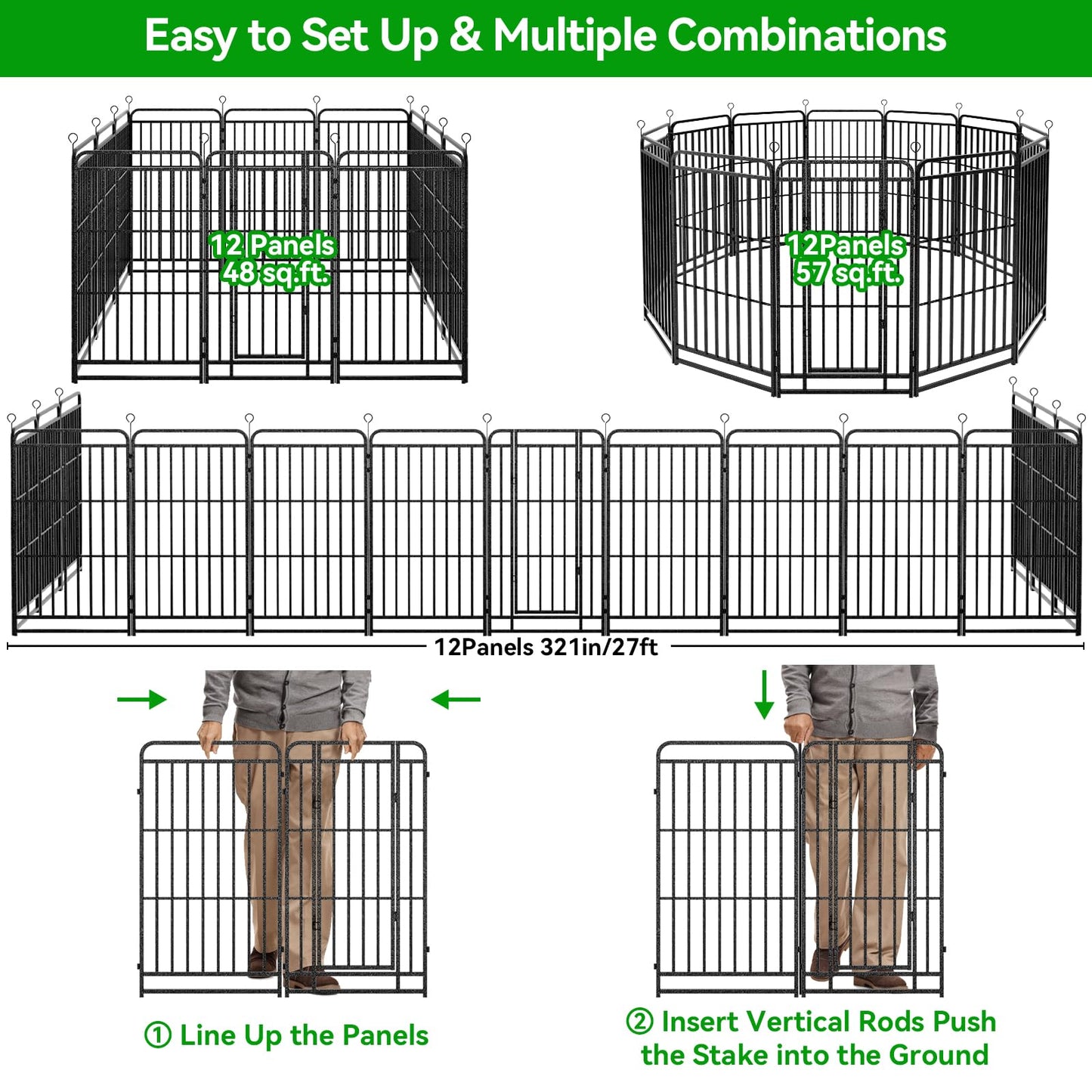 Kfvigoho Heavy Duty Dog Playpen: 12 Steel Panels 47" Height, Square Steel Pipe with Reinforced Crossbars, 27FT 57 Sq.ft Portable Fence for Yard RV Camping, Snowy Black