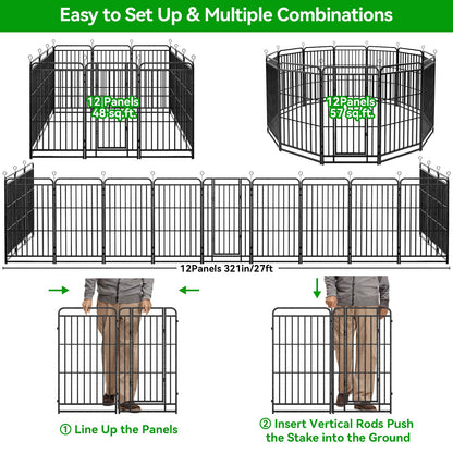 Kfvigoho Heavy Duty Dog Playpen: 12 Steel Panels 47" Height, Square Steel Pipe with Reinforced Crossbars, 27FT 57 Sq.ft Portable Fence for Yard RV Camping, Snowy Black