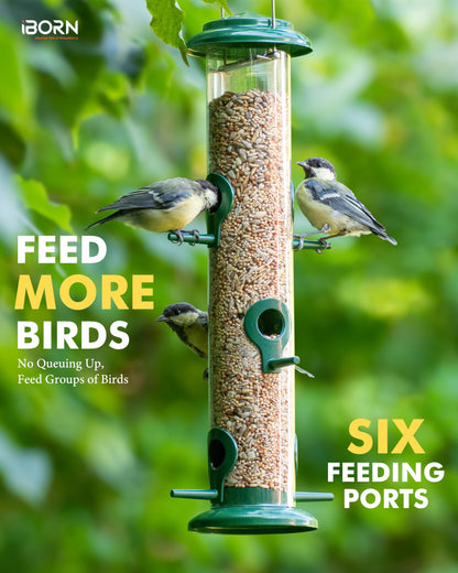 iBorn Metal Bird Feeders 6 Ports Hanging Wild Bird Seed Feeder for Mix Seed Blends, Seed Feeder, Sunflower Heart, Birdbath, Heavy Duty All Metal Green Finishing 15 Inch 6Port, Pack of 2,Gift Box