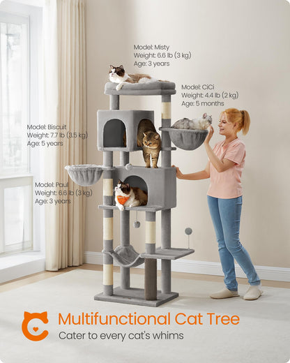 Feandrea Cat Tree, 69-Inch Tall Cat Tower, Multi-Level Plush Condo with 2 Caves, 2 Baskets, 5 Scratching Posts, Self-Groomer, Perch, Hammock, Dove Gray UPCT182G01
