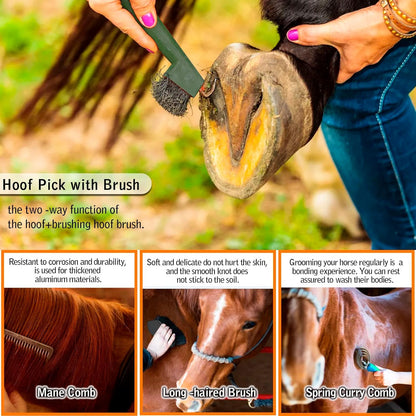 Horse Grooming Kit, Horse Brush Set, 10Pcs Horse Cleaning Kit with Brush, Sweat Scraper, Curry Comb, Hoof Pick, Tote Bag