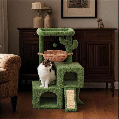 AIWIKIDE 37.4" Cactus Cat Tree Tower with Twin Cat Condos for Indoor Cats, All-in-One Activity Center with Cat Scratching Post Cozy Sleeping Perch Hammock and Toy Balls,Green …