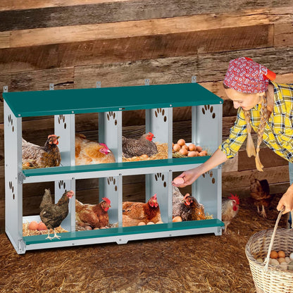 Toriexon Chicken Nesting Box, 8 Compartment Metal Nesting Box, Wall Mountable Nesting Boxes for Chicken, 42.5" L x 13.0" W x 25.0" H, Green