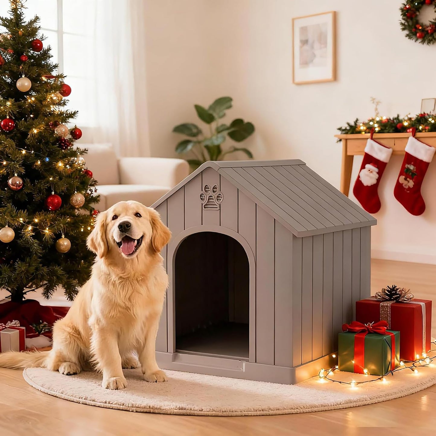 Fancyango Large Dog House Outdoor Indoor for Medium Large Dogs, Sturdy Plastic Waterproof Doghouse with Air Vents and Elevated Floor, Easy Clean and Assemble (Light Grey, 36.2''L×38''W×38''H)