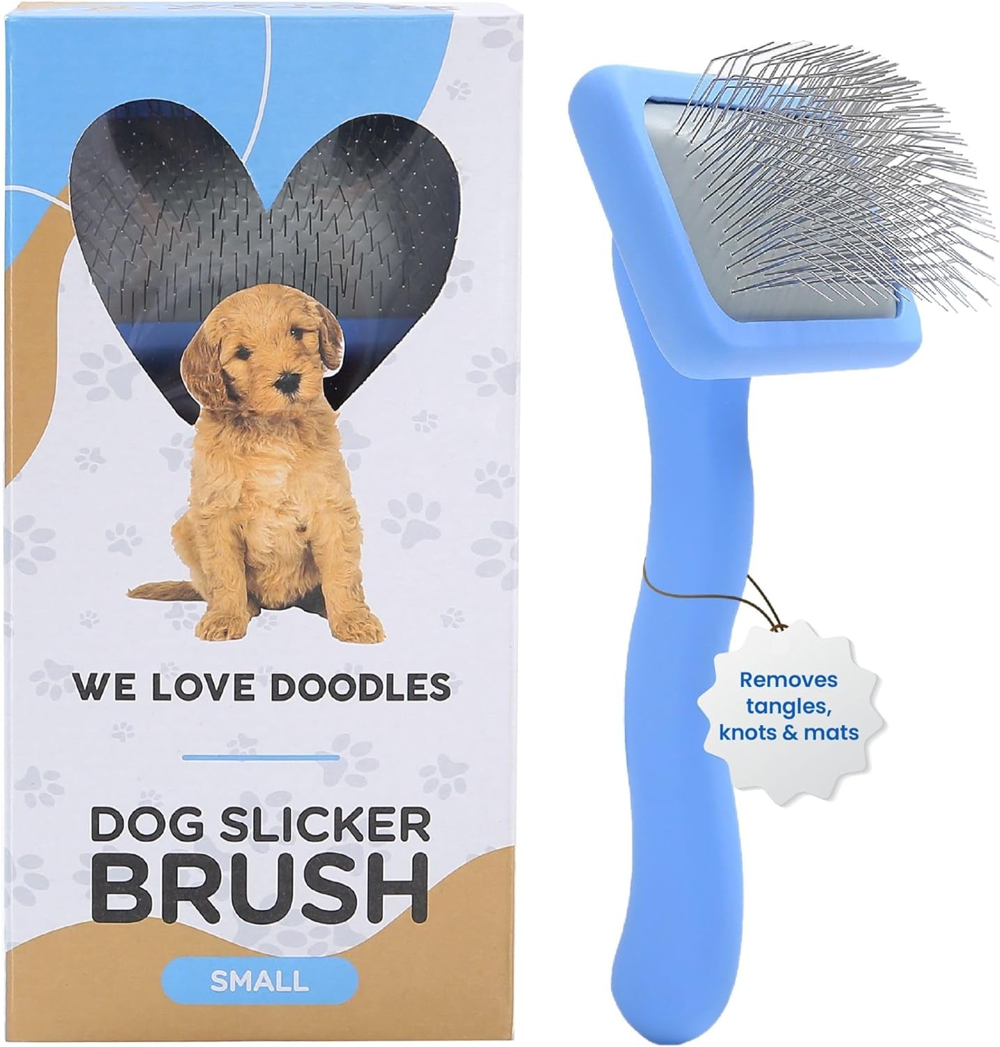 We Love Doodles Dog Slicker Brush for Grooming Pet Hair - Best Brushes for Poodle & Golden Doodle - Long Haired Brush for Dogs - Goldendoodle Long Pin Brush for Dematting (Small)