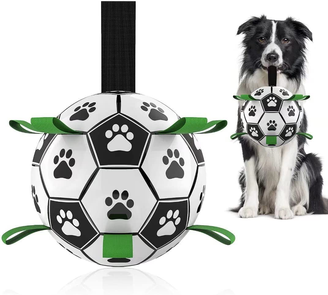 Dog Soccer Ball Football Set - 2 PCS Dog Balls with Strap for Tug of War, Soccer Ball Football Toys for Small Medium Large Dogs, Herding Ball for Dogs, Dog Birthday Toy