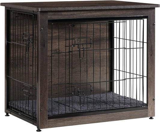 DWANTON Dog Crate Furniture with Cushion, Wooden Crate with Double Doors, Dog Kennel Indoor for Small/Medium/Large Dog, End Table, Small, 27.2" L, Dark Grey