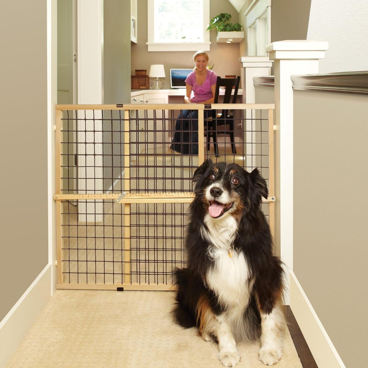 MYPET North States Wire Mesh Dog Gate: 29.5-48" Wide. Pressure Mount. No Tools Needed. Dog Gate 37" Tall, Expandable, Durable Dog Gates for Doorways, Sustainable Hardwood