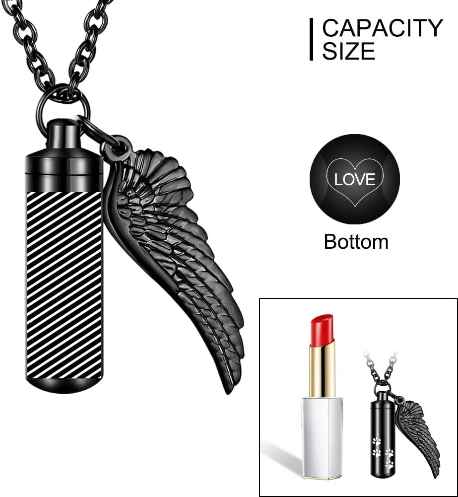 Abooxiu Cylinder Cremation Necklace for Pet Ashes Urn Necklace with Angel Wing Pet Paw Ashes Necklace for Dog/Cat Pet Memorial Keepsake Jewelry