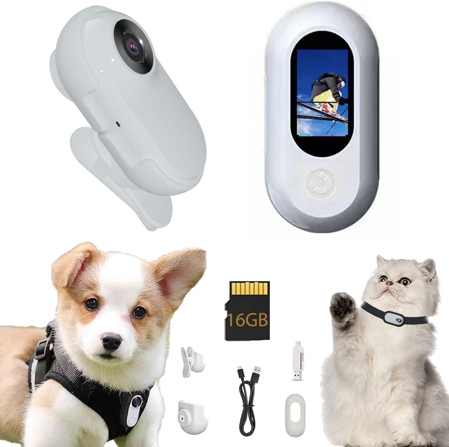 New Update Cat Camera Collar with 16GB SD Card,Hd 1080P Cat Collar Camera Wireless Dog Collar Camera Sport Action Camera for Pet Supplies Video Records Camera for Cats Dogs Gift, White