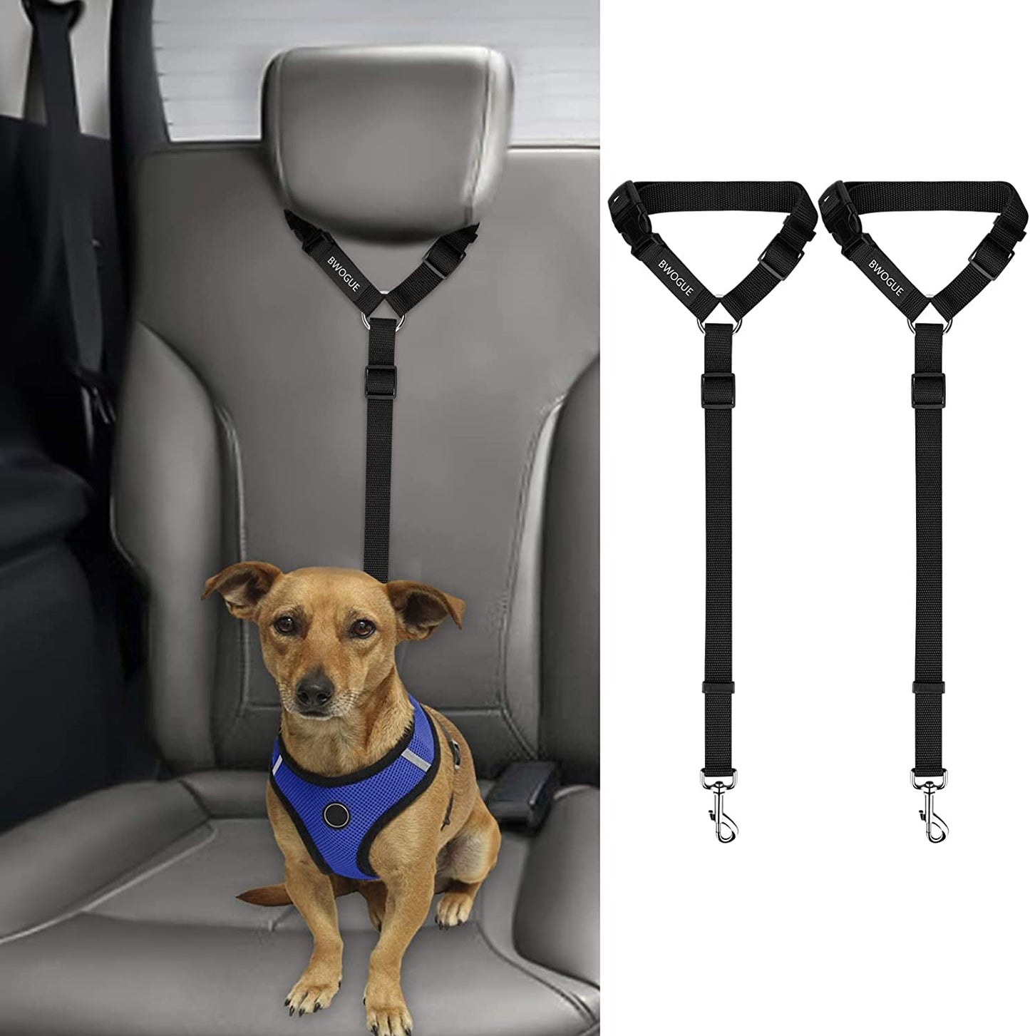 BWOGUE 2 Packs Dog Cat Safety Seat Belt Strap Car Headrest Restraint Adjustable Nylon Fabric Dog Restraints Vehicle Seatbelts Harness Dark Blue